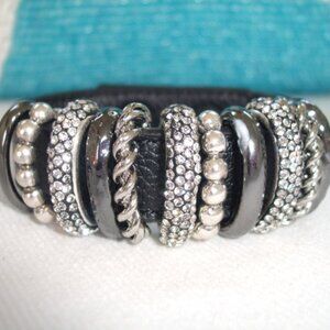 CHICO'S BLACK LEATHER SILVER STONE BRACELET NEW
